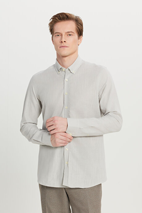 %100 Pamuk Flamlı Oxford Slim Fit Dar Kesim Düğmeli Yaka Gri Gömlek resmi