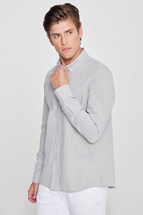 %100 Pamuk Flamlı Oxford Slim Fit Dar Kesim Düğmeli Yaka Gri Gömlek resmi