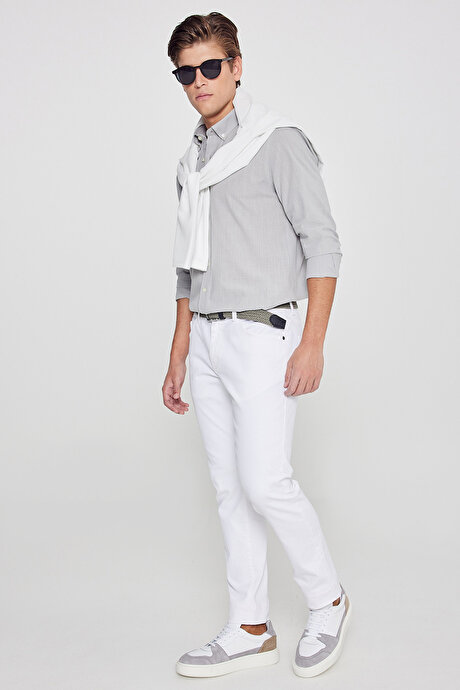 %100 Pamuk Flamlı Oxford Slim Fit Dar Kesim Düğmeli Yaka Gri Gömlek resmi