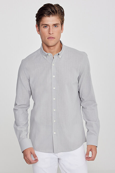 %100 Pamuk Flamlı Oxford Slim Fit Dar Kesim Düğmeli Yaka Gri Gömlek resmi