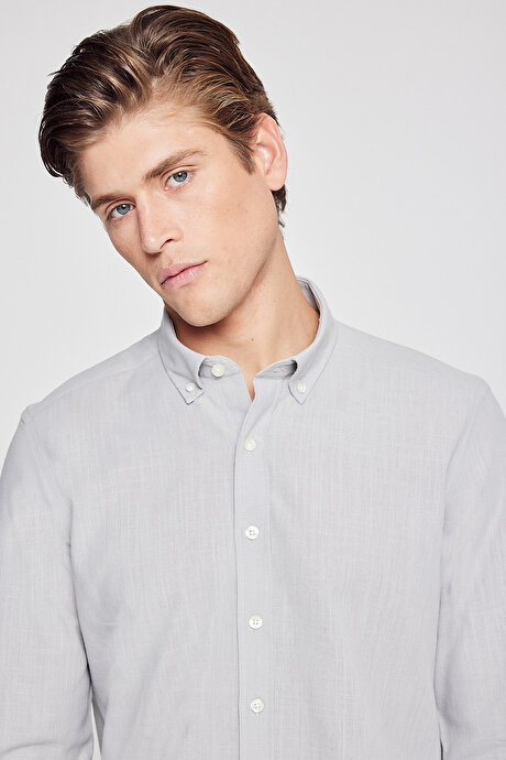 %100 Pamuk Flamlı Oxford Slim Fit Dar Kesim Düğmeli Yaka Gri Gömlek resmi