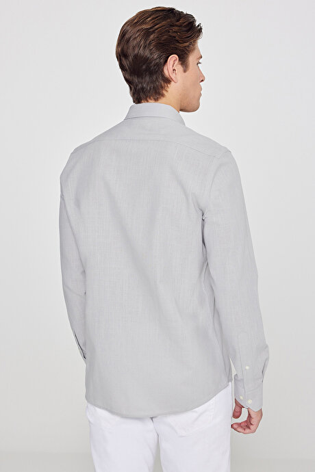 %100 Pamuk Flamlı Oxford Slim Fit Dar Kesim Düğmeli Yaka Gri Gömlek resmi