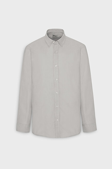 %100 Pamuk Flamlı Oxford Slim Fit Dar Kesim Düğmeli Yaka Gri Gömlek resmi