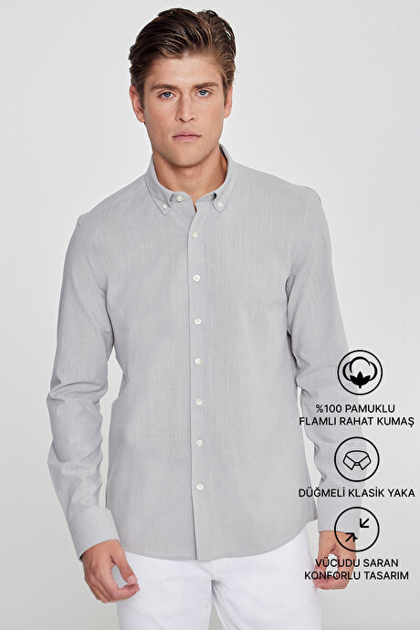 %100 Pamuk Flamlı Oxford Slim Fit Dar Kesim Düğmeli Yaka Gri Gömlek resmi