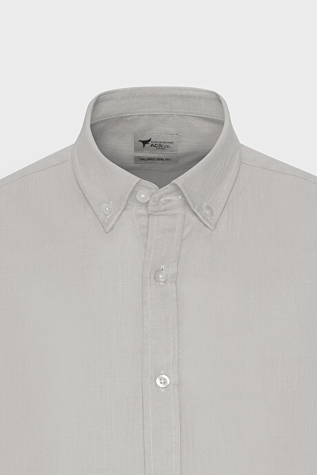 %100 Pamuk Flamlı Oxford Slim Fit Dar Kesim Düğmeli Yaka Gri Gömlek resmi