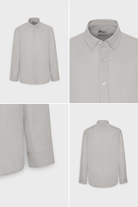 %100 Pamuk Flamlı Oxford Slim Fit Dar Kesim Düğmeli Yaka Gri Gömlek resmi