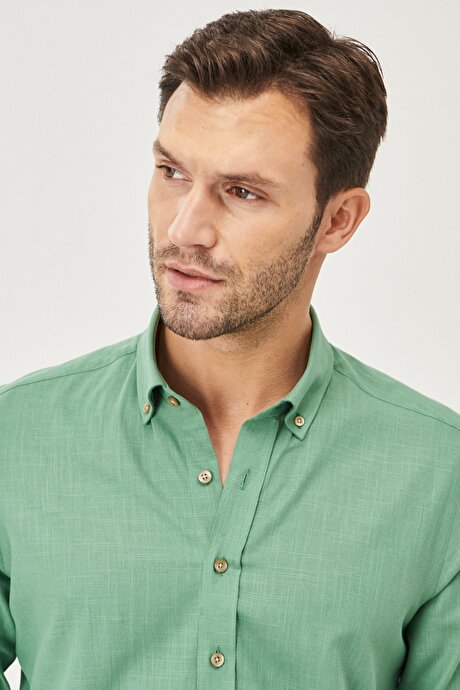 Tailored Slim Fit Dar Kesim Oxford Düğmeli Yaka Keten Görünümlü %100 Pamuk Flamlı Haki Gömlek resmi