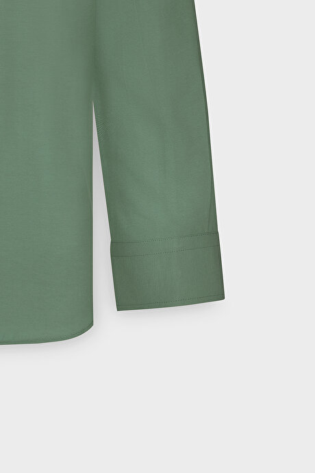 Tailored Slim Fit Dar Kesim Düğmeli Yaka Keten Görünümlü %100 Pamuk Flamlı Haki Gömlek resmi