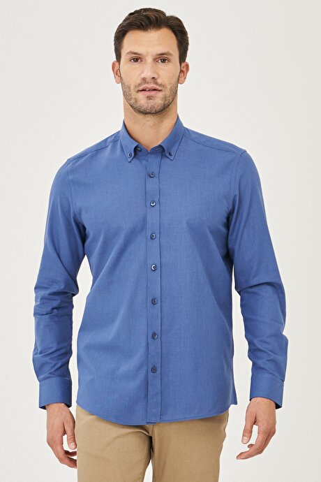 Tailored Slim Fit Dar Kesim Oxford Düğmeli Yaka Keten Görünümlü %100 Pamuk Flamlı İndigo Gömlek resmi