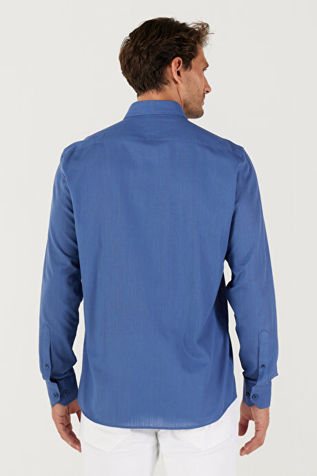 Tailored Slim Fit Dar Kesim Oxford Düğmeli Yaka Keten Görünümlü %100 Pamuk Flamlı İndigo Gömlek resmi