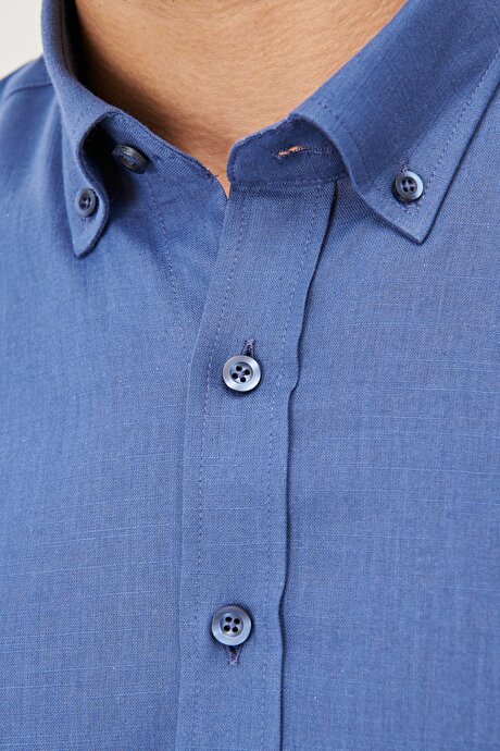 Tailored Slim Fit Dar Kesim Oxford Düğmeli Yaka Keten Görünümlü %100 Pamuk Flamlı İndigo Gömlek resmi