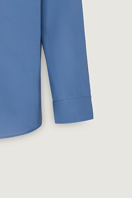 Tailored Slim Fit Dar Kesim Düğmeli Yaka Keten Görünümlü %100 Pamuk Flamlı İndigo Gömlek resmi
