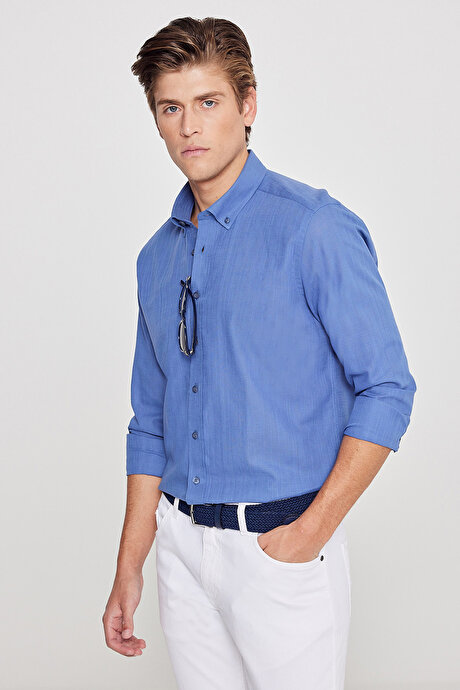 %100 Pamuk Flamlı Oxford Slim Fit Dar Kesim Düğmeli Yaka İndigo Gömlek resmi