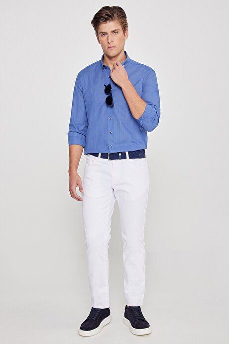 %100 Pamuk Flamlı Oxford Slim Fit Dar Kesim Düğmeli Yaka İndigo Gömlek resmi