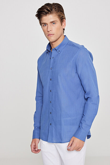 %100 Pamuk Flamlı Oxford Slim Fit Dar Kesim Düğmeli Yaka İndigo Gömlek resmi