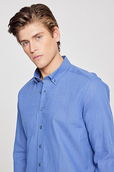 %100 Pamuk Flamlı Oxford Slim Fit Dar Kesim Düğmeli Yaka İndigo Gömlek resmi