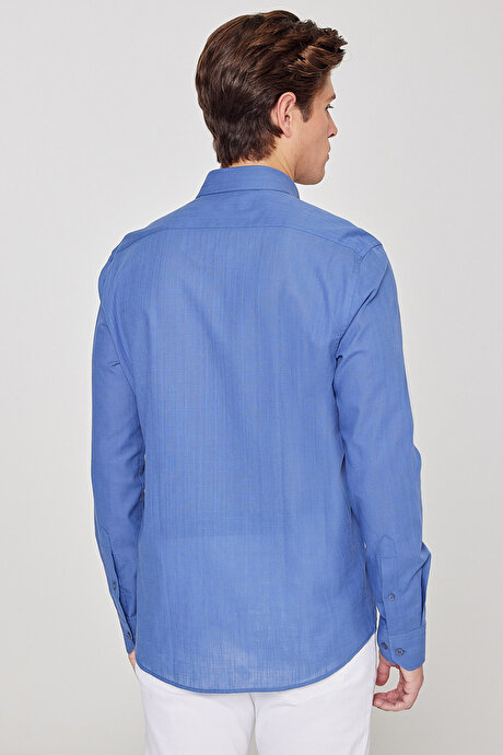 %100 Pamuk Flamlı Oxford Slim Fit Dar Kesim Düğmeli Yaka İndigo Gömlek resmi
