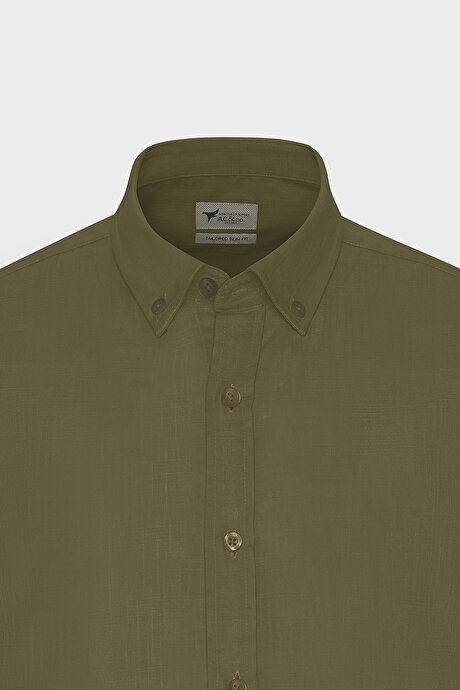 Tailored Slim Fit Dar Kesim Düğmeli Yaka Keten Görünümlü %100 Pamuk Flamlı K.Haki Gömlek resmi