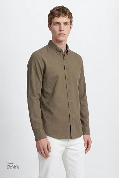 %100 Pamuk Flamlı Oxford Slim Fit Dar Kesim Düğmeli Yaka K.Haki Gömlek resmi
