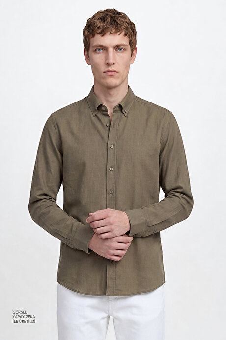 %100 Pamuk Flamlı Oxford Slim Fit Dar Kesim Düğmeli Yaka K.Haki Gömlek resmi