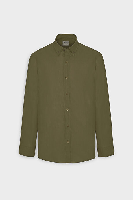 %100 Pamuk Flamlı Oxford Slim Fit Dar Kesim Düğmeli Yaka K.Haki Gömlek resmi