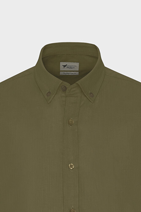 %100 Pamuk Flamlı Oxford Slim Fit Dar Kesim Düğmeli Yaka K.Haki Gömlek resmi