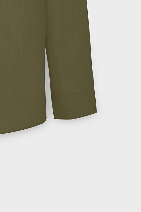 %100 Pamuk Flamlı Oxford Slim Fit Dar Kesim Düğmeli Yaka K.Haki Gömlek resmi