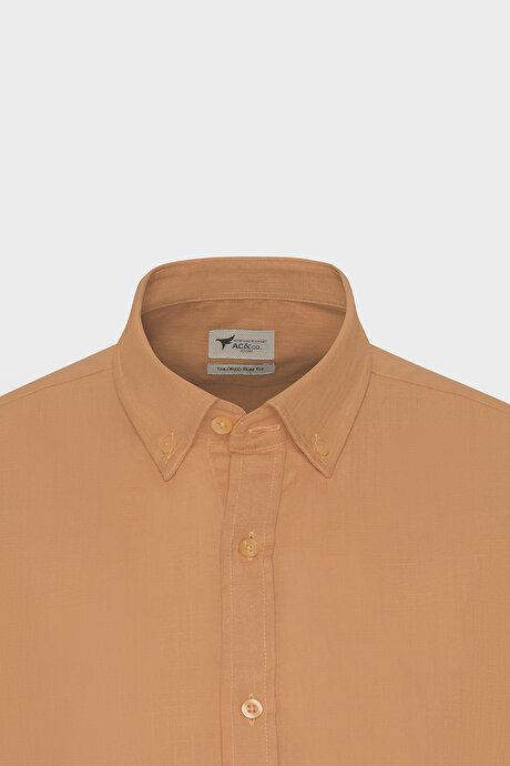 Tailored Slim Fit Dar Kesim Düğmeli Yaka Keten Görünümlü %100 Pamuk Flamlı Kiremit Gömlek resmi