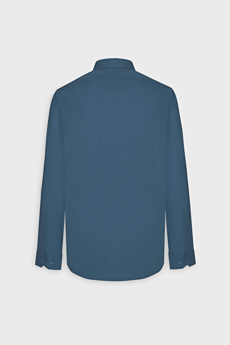 %100 Pamuk Flamlı Oxford Slim Fit Dar Kesim Düğmeli Yaka Koyu Petrol Gömlek resmi