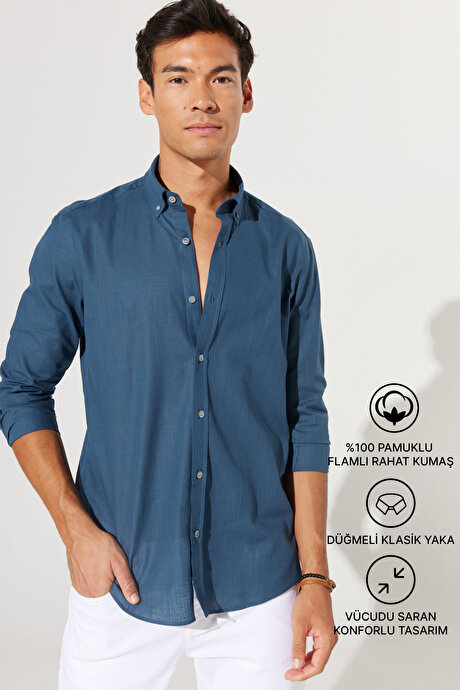 %100 Pamuk Flamlı Oxford Slim Fit Dar Kesim Düğmeli Yaka Koyu Petrol Gömlek resmi