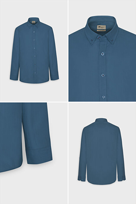 %100 Pamuk Flamlı Oxford Slim Fit Dar Kesim Düğmeli Yaka Koyu Petrol Gömlek resmi