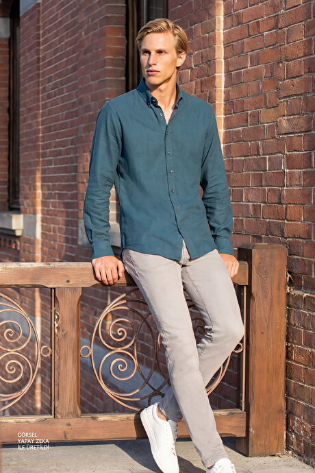 %100 Pamuk Flamlı Oxford Slim Fit Dar Kesim Düğmeli Yaka Koyu Petrol Gömlek resmi