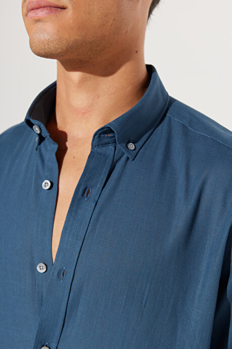 Tailored Slim Fit Dar Kesim Oxford Düğmeli Yaka Keten Görünümlü %100 Pamuk Flamlı Koyu Petrol Gömlek resmi