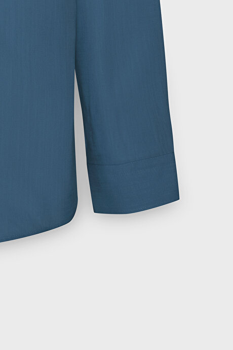 Tailored Slim Fit Dar Kesim Düğmeli Yaka Keten Görünümlü %100 Pamuk Flamlı Koyu Petrol Gömlek resmi