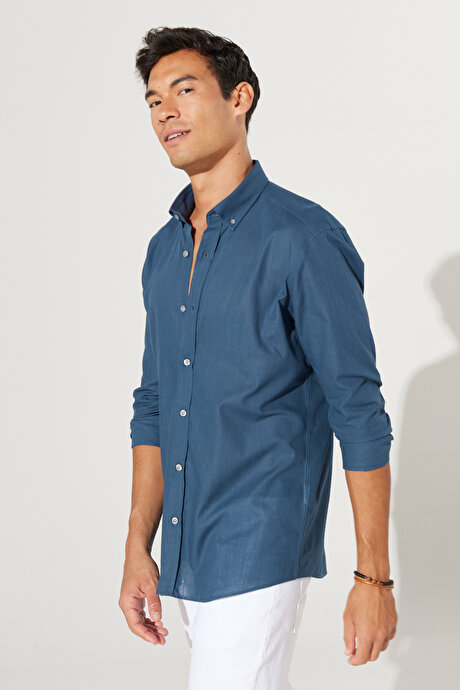 %100 Pamuk Flamlı Oxford Slim Fit Dar Kesim Düğmeli Yaka Koyu Petrol Gömlek resmi