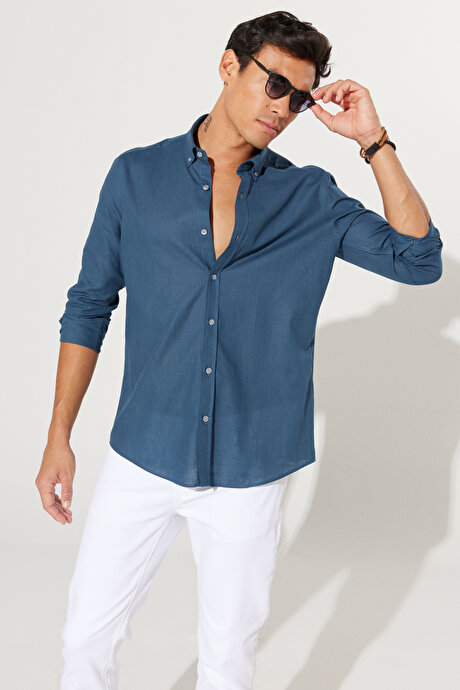 %100 Pamuk Flamlı Oxford Slim Fit Dar Kesim Düğmeli Yaka Koyu Petrol Gömlek resmi