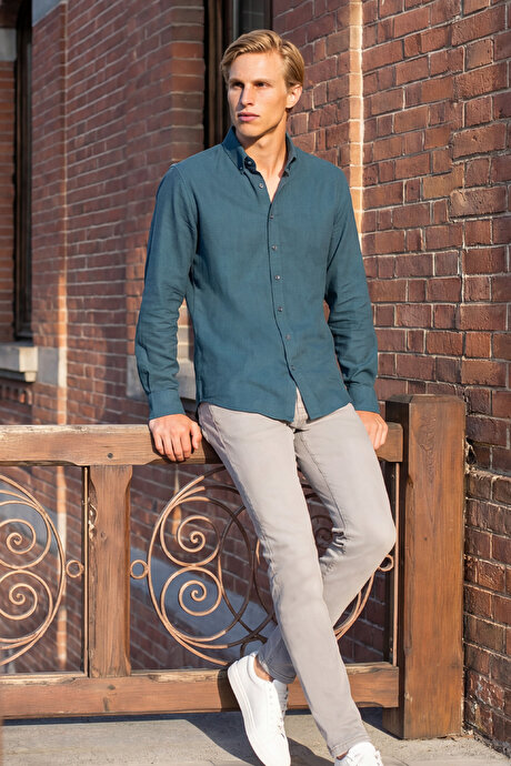 %100 Pamuk Flamlı Oxford Slim Fit Dar Kesim Düğmeli Yaka Koyu Petrol Gömlek resmi