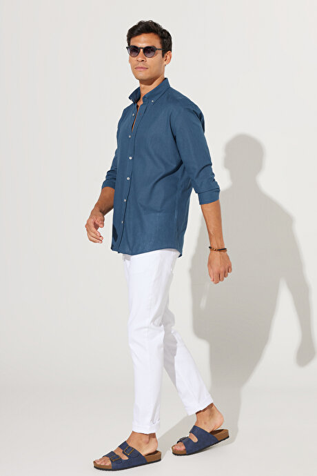 %100 Pamuk Flamlı Oxford Slim Fit Dar Kesim Düğmeli Yaka Koyu Petrol Gömlek resmi