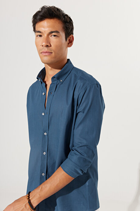 %100 Pamuk Flamlı Oxford Slim Fit Dar Kesim Düğmeli Yaka Koyu Petrol Gömlek resmi