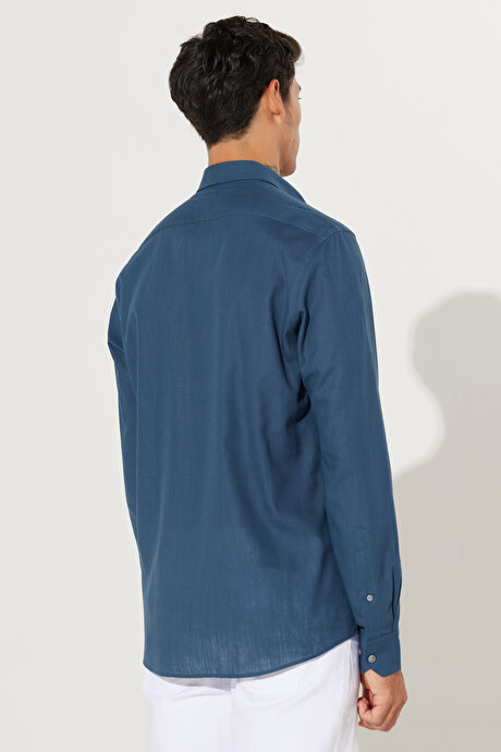 %100 Pamuk Flamlı Oxford Slim Fit Dar Kesim Düğmeli Yaka Koyu Petrol Gömlek resmi