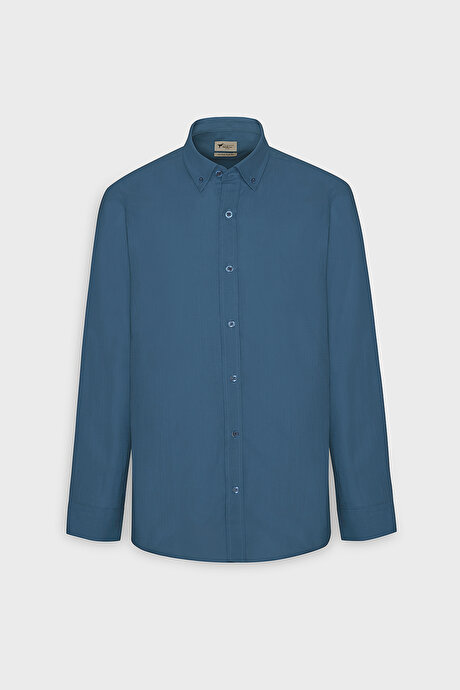 %100 Pamuk Flamlı Oxford Slim Fit Dar Kesim Düğmeli Yaka Koyu Petrol Gömlek resmi