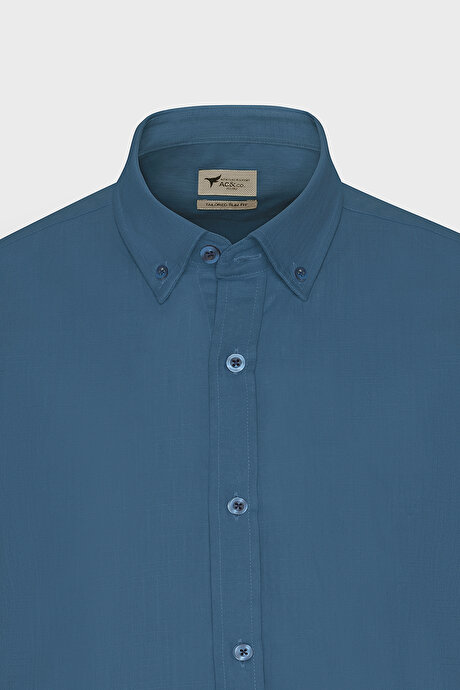 %100 Pamuk Flamlı Oxford Slim Fit Dar Kesim Düğmeli Yaka Koyu Petrol Gömlek resmi