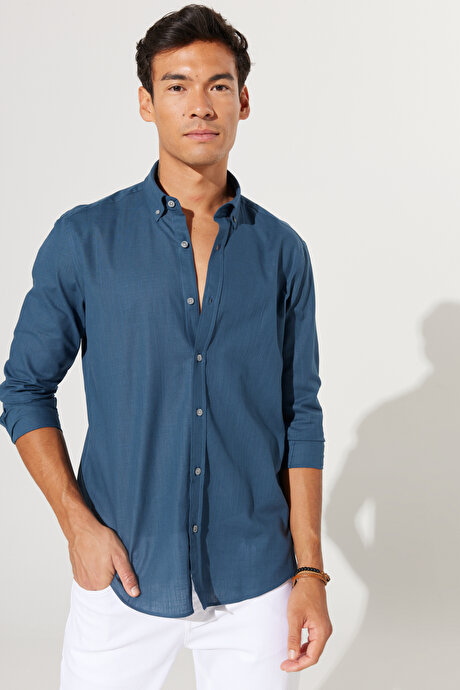 %100 Pamuk Flamlı Oxford Slim Fit Dar Kesim Düğmeli Yaka Koyu Petrol Gömlek resmi