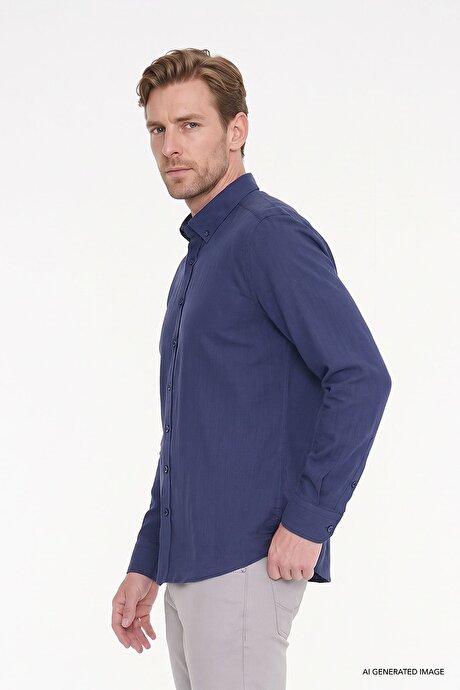 %100 Pamuk Flamlı Oxford Slim Fit Dar Kesim Düğmeli Yaka Lacivert Gömlek resmi