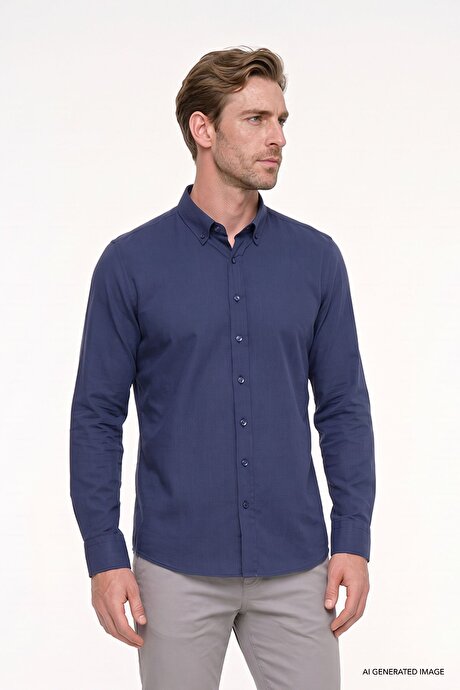 %100 Pamuk Flamlı Oxford Slim Fit Dar Kesim Düğmeli Yaka Lacivert Gömlek resmi