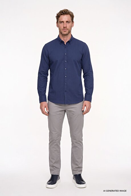 %100 Pamuk Flamlı Oxford Slim Fit Dar Kesim Düğmeli Yaka Lacivert Gömlek resmi