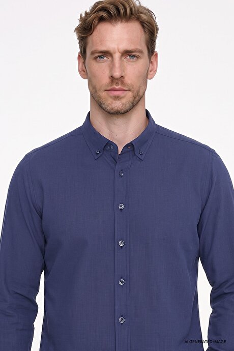 %100 Pamuk Flamlı Oxford Slim Fit Dar Kesim Düğmeli Yaka Lacivert Gömlek resmi