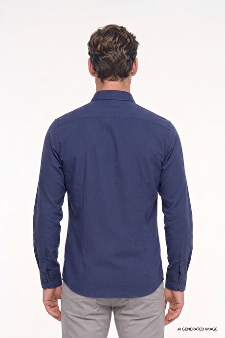 %100 Pamuk Flamlı Oxford Slim Fit Dar Kesim Düğmeli Yaka Lacivert Gömlek resmi