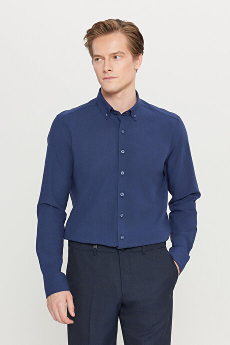 %100 Pamuk Flamlı Oxford Slim Fit Dar Kesim Düğmeli Yaka Lacivert Gömlek resmi