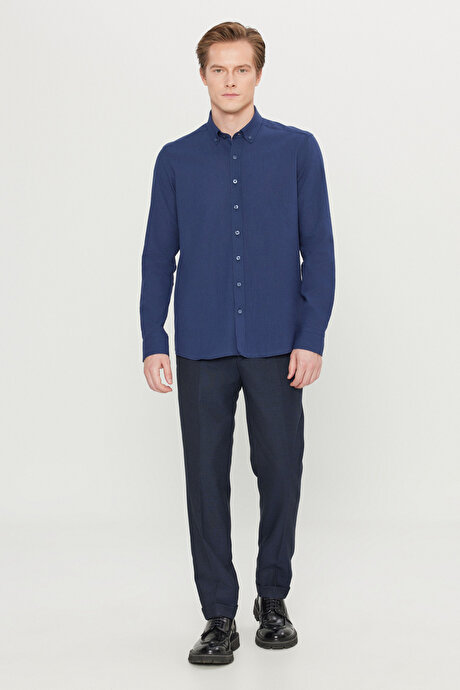 %100 Pamuk Flamlı Oxford Slim Fit Dar Kesim Düğmeli Yaka Lacivert Gömlek resmi